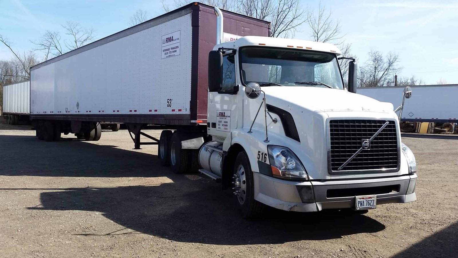 RMA Fleet truck delivering a 53 foot storage trailer for on-site storage in the Cincinnati Tri-State
